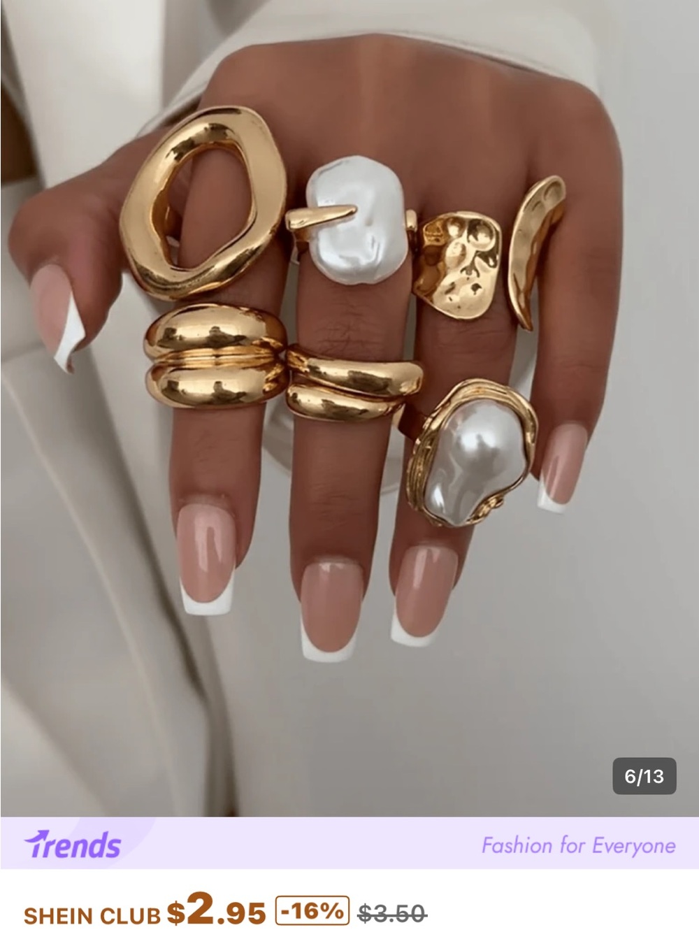 Gold Pearl Accent Statement Adjustable Ring Set